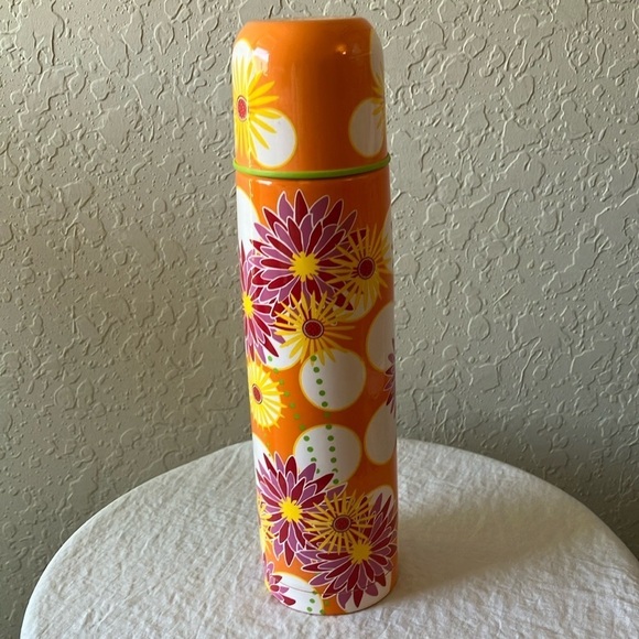 Starbucks: 2007 Pylones Push Button Thermos/Tumbler Orange/Pink Flowers- 17 oz - Picture 1 of 16